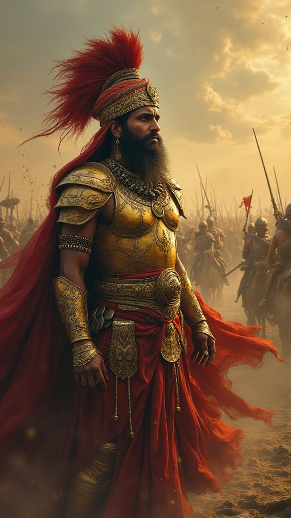 Sorrowful Indian King on War-Torn Battlefield