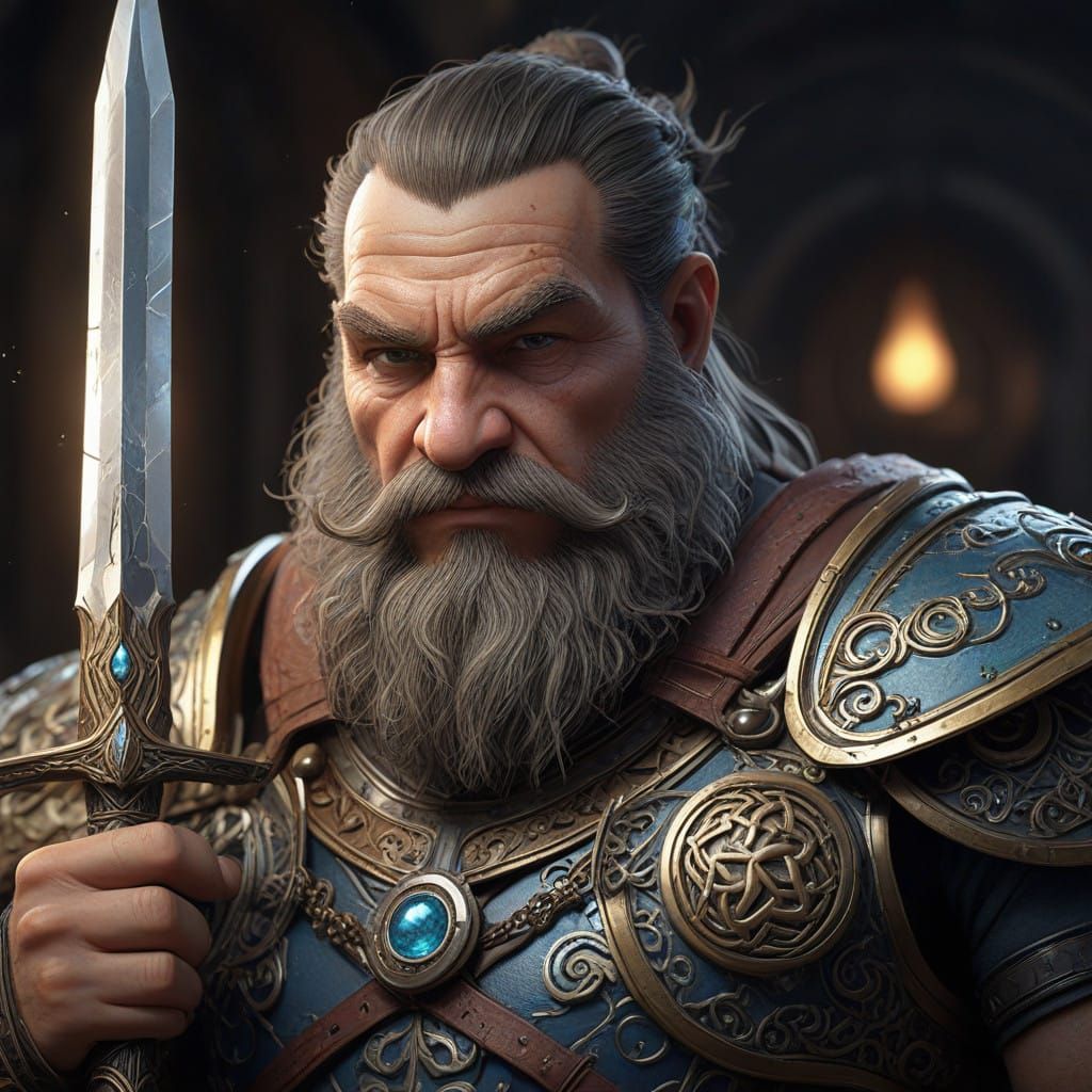 Grim Giant Dwarf Warrior with Enchanted Dagger