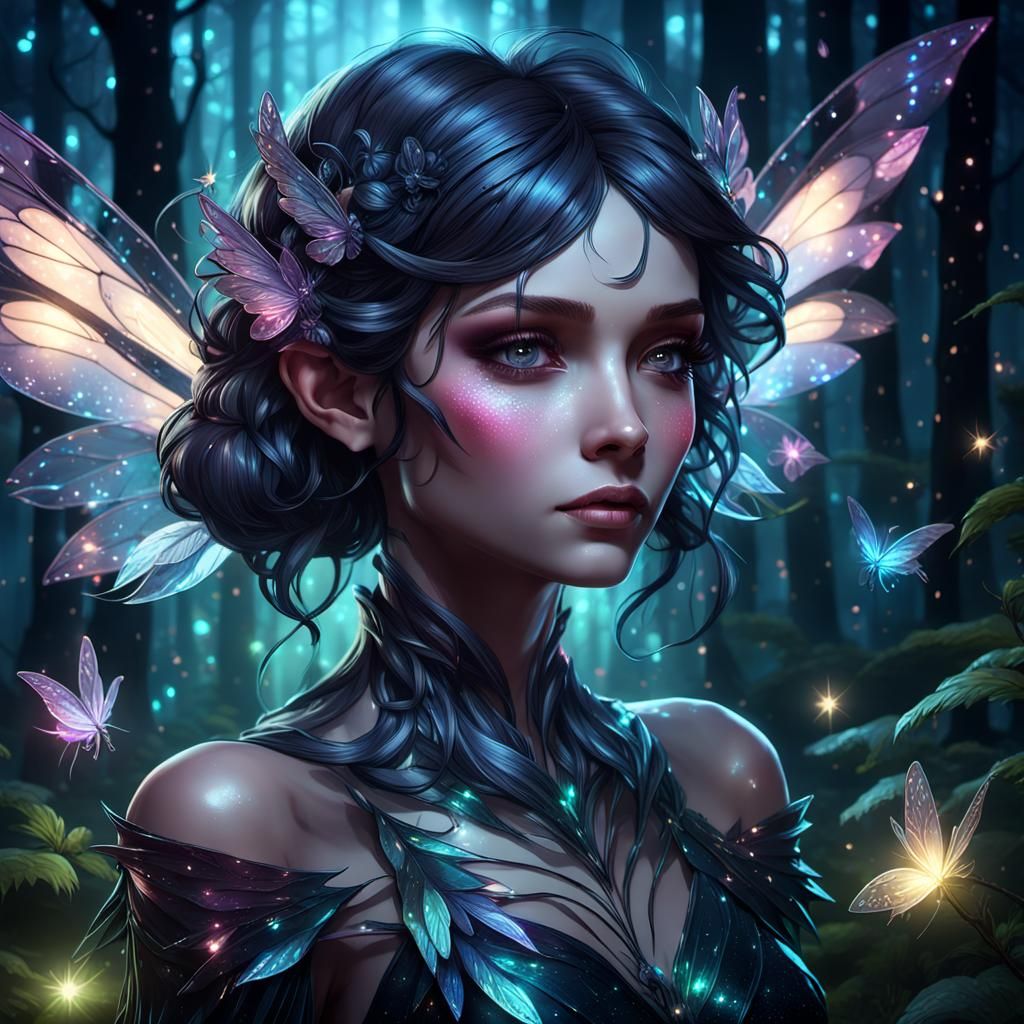 Dark Fairy in Night Forest, Art Nouveau Portrait