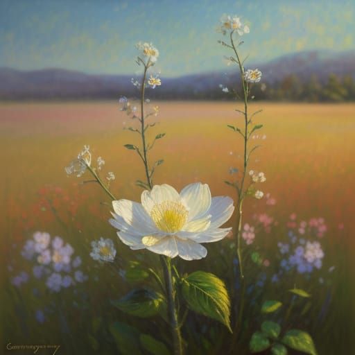 Ethereal Flower in Warm Sunlight, Impressionistic Oil Painti...