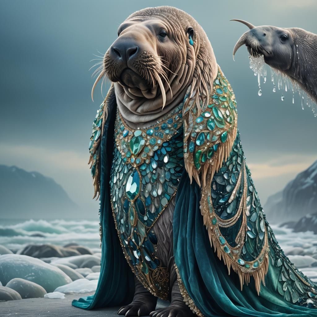 Walrus in Gown on Icy Shoreline