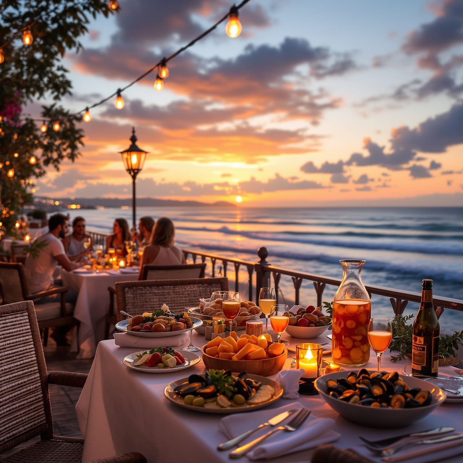Restaurant by the Sea at Sunset