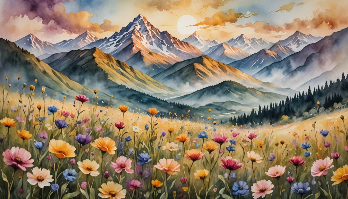 Floral Field and Mountains in Encaustic Watercolor