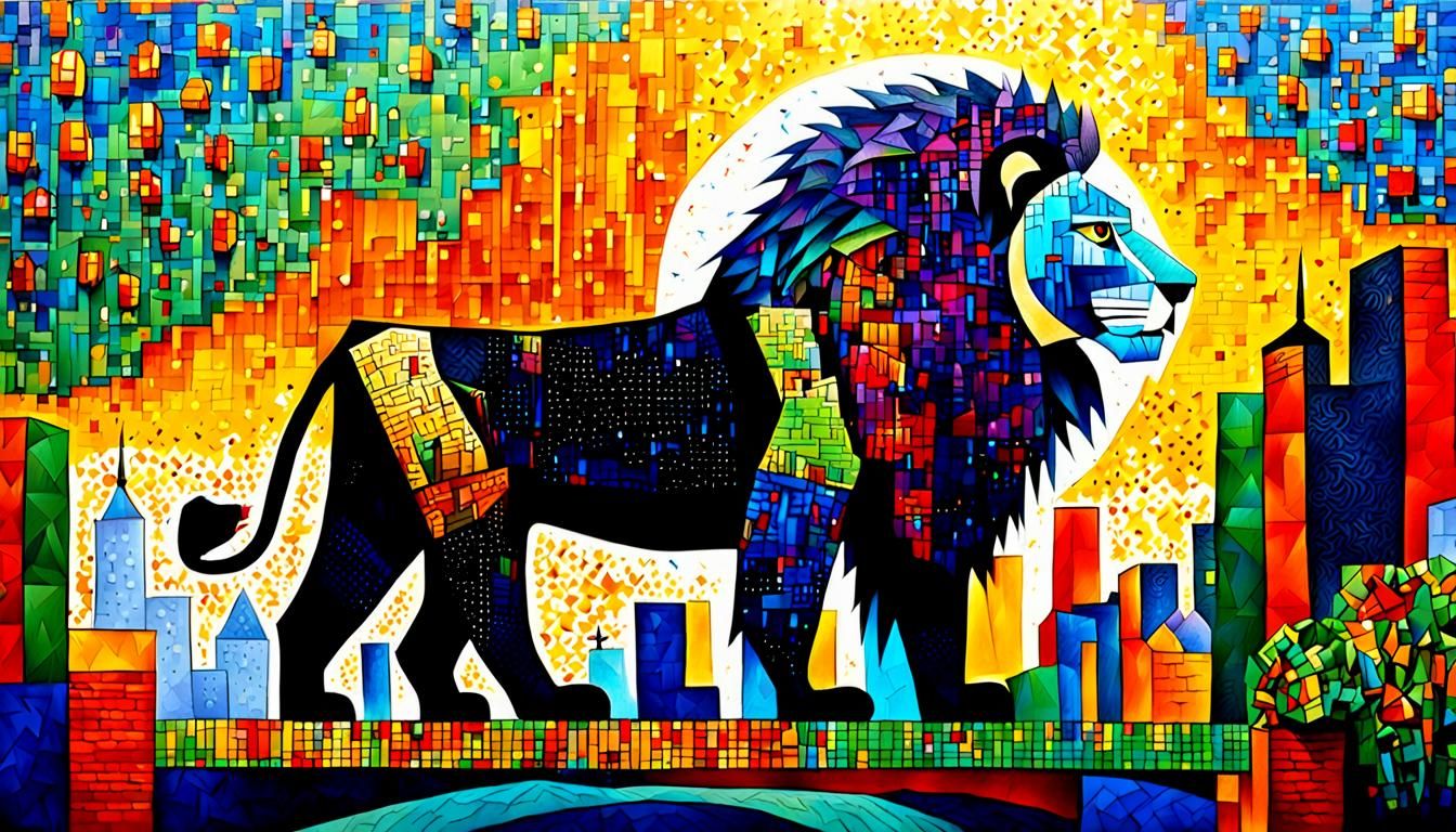 Lion in Dank City: Pointillism, Cubism, Abstract