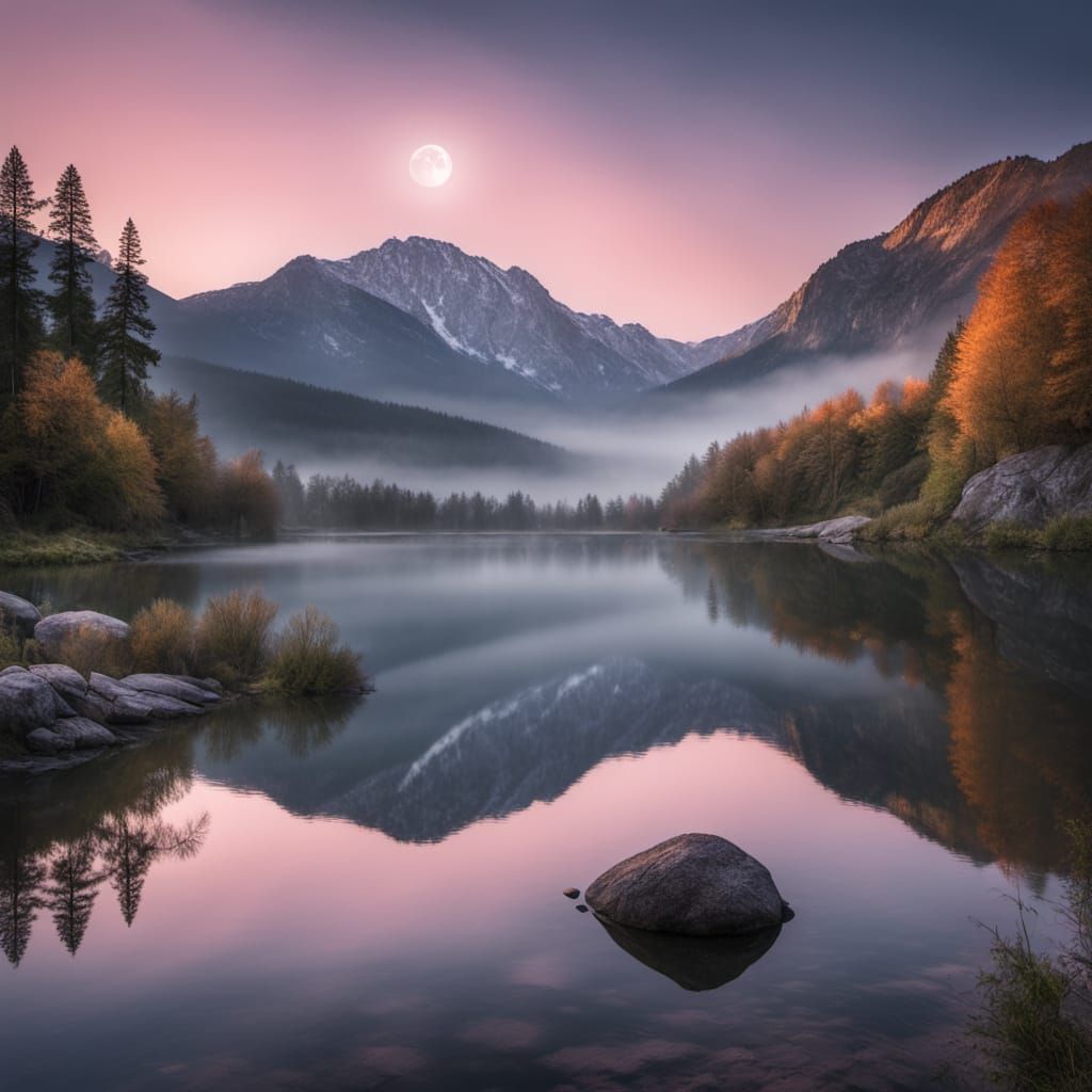 Full Moon Over Still Lake: Serene Landscape Photography