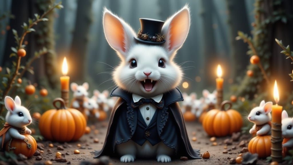 Cute Vampire Bunny with Mice in Pumpkin Costumes