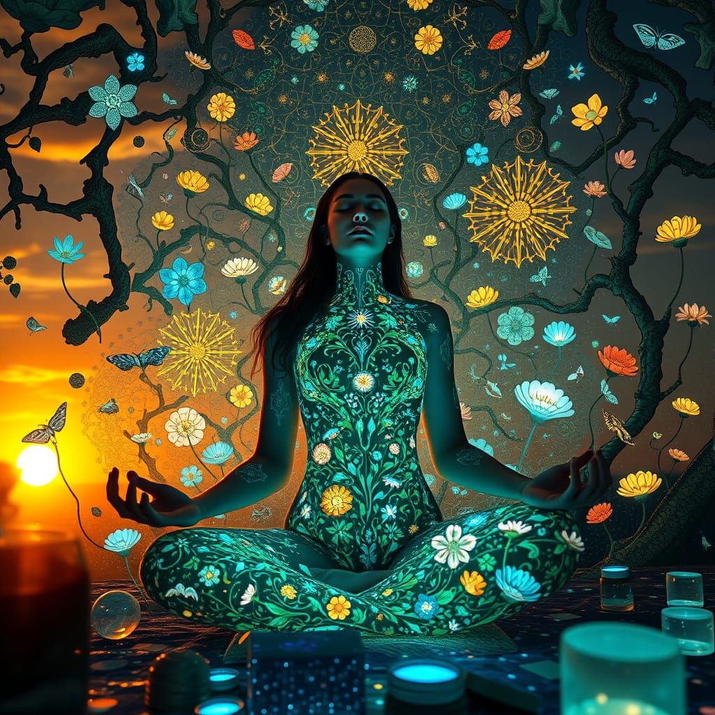 Dreamlike Woman in Labyrinth of Light and Color