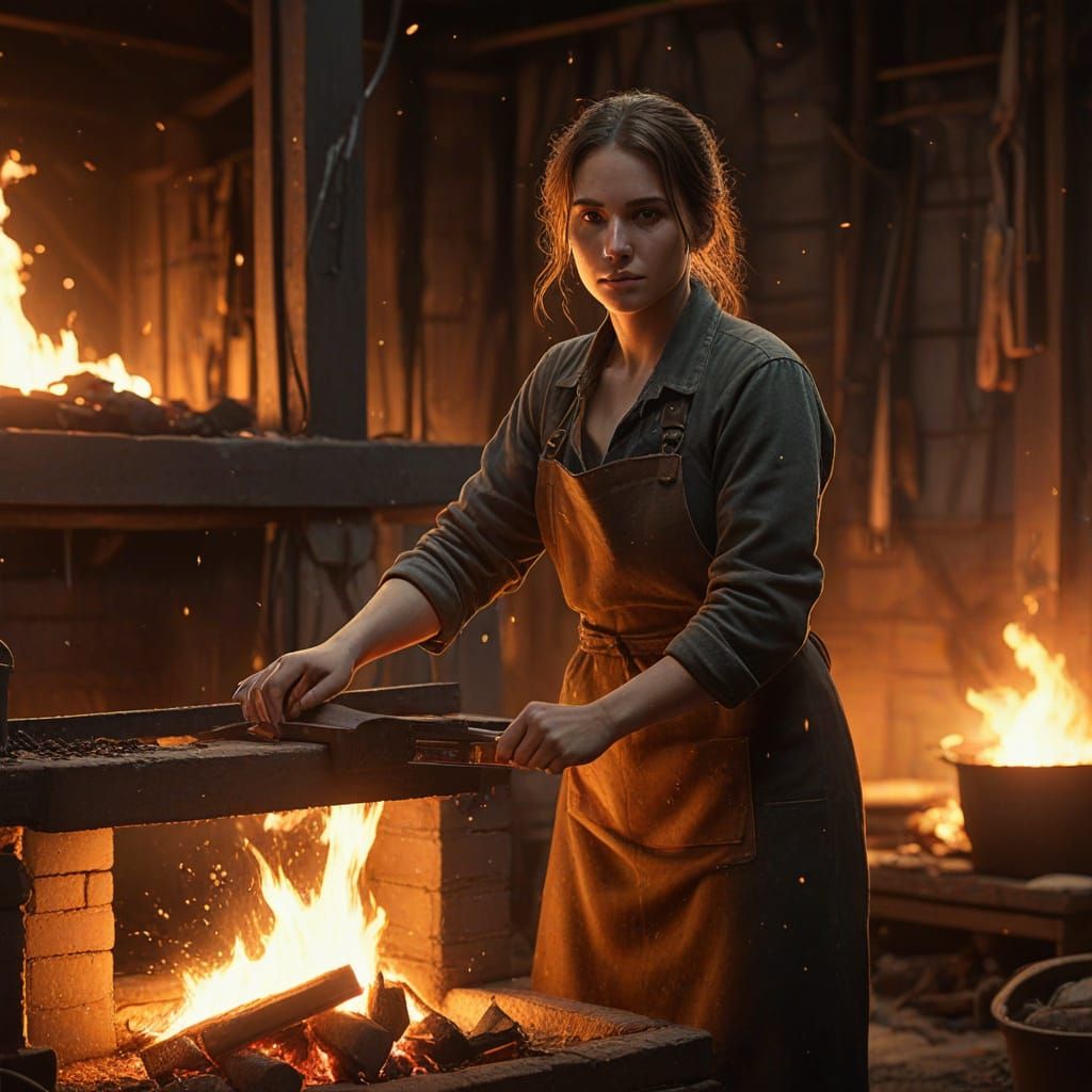 Female Blacksmith at Barn Fireplace in Golden Light