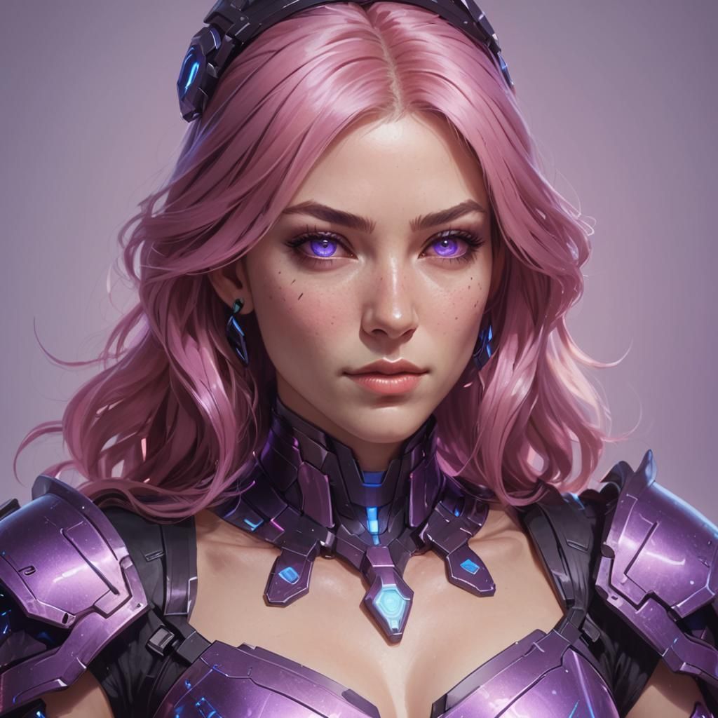 Female Streamer in Purple Armor: Neon Anime Style