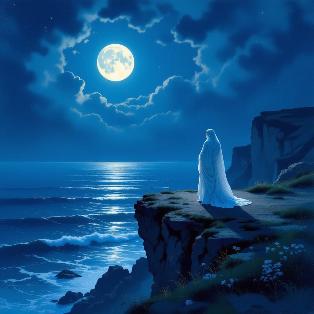 Figure Overlooking Starlit Ocean in Romantic Painterly Style