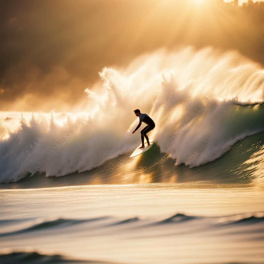 Surfer Riding a Big Wave in Sunshine