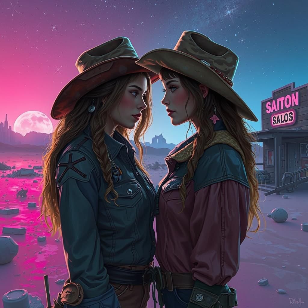 Romantic Cowgirls in Starry Space Western Scene