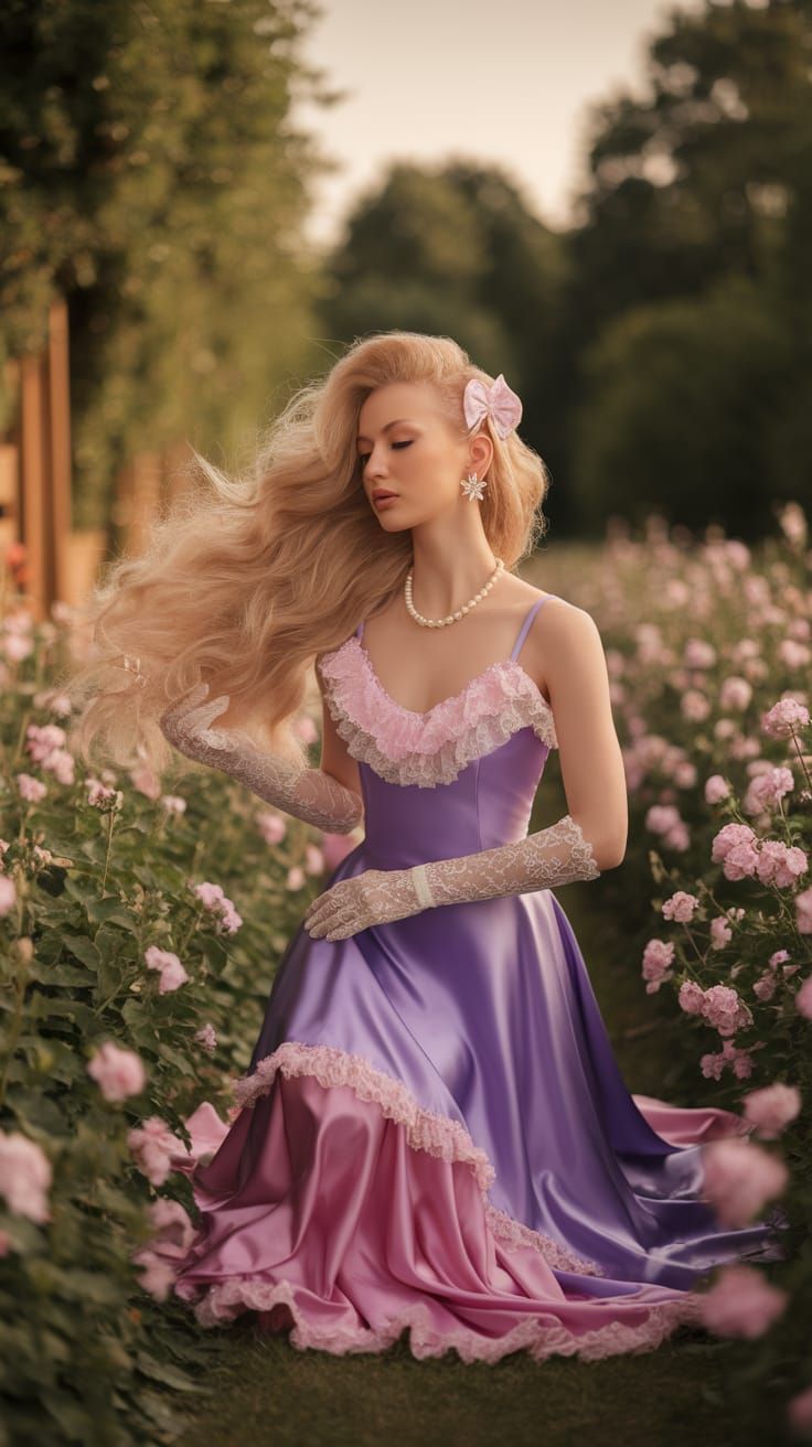Elegant Woman Kneels in Lush Garden, Fashion Editorial Style