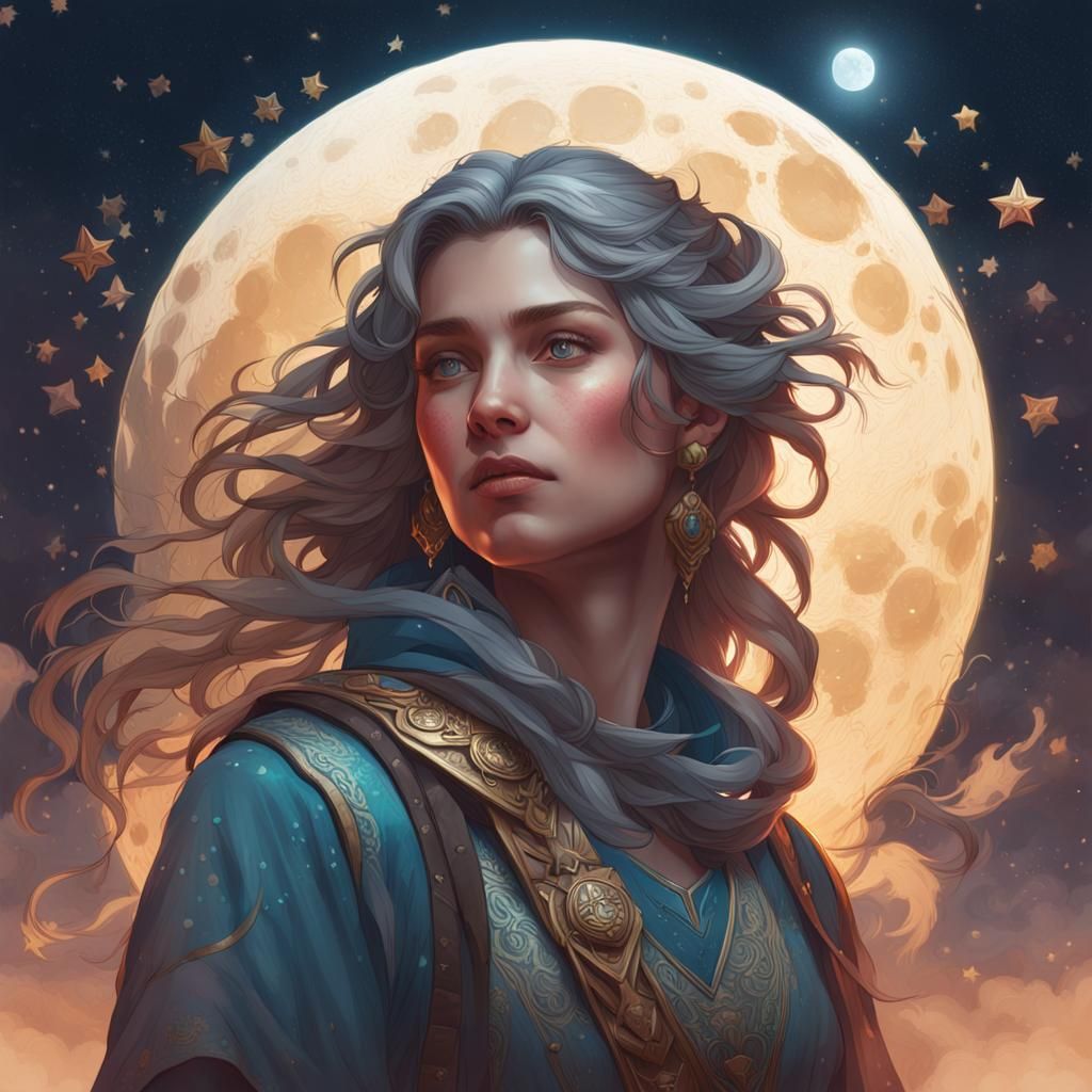 Detailed Portrait of Moon and Stars in Digital Art