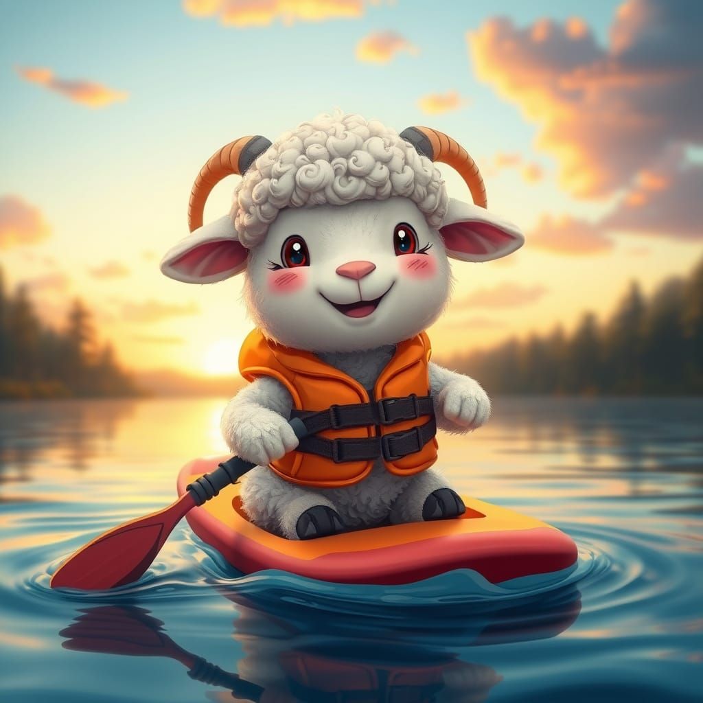 Fluffy Lamb Paddle Boarding on Lake at Sunset