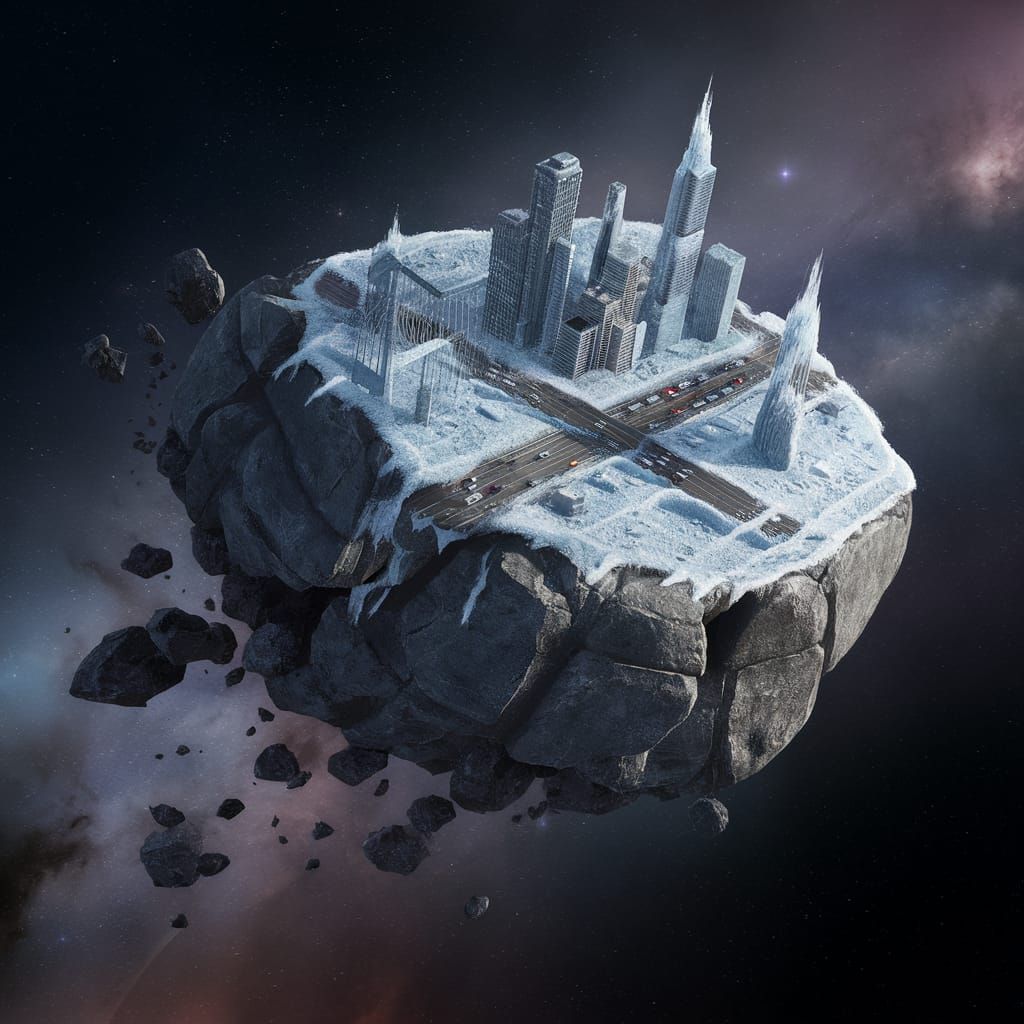 Frozen City Fragment Drifting Through Space