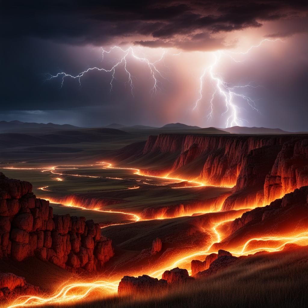 Dramatic Landscape with Lightning and Fire
