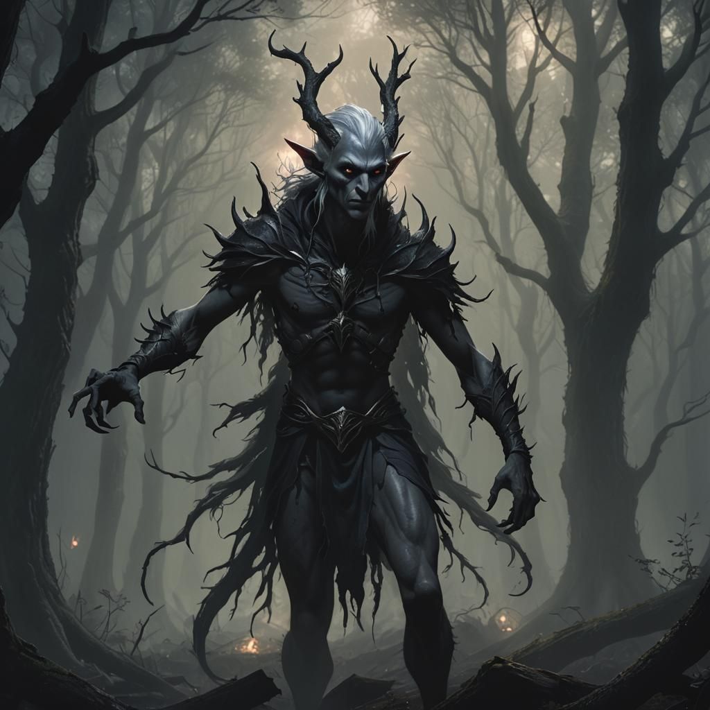 Dark Elf Horror Creature in Misty Forest