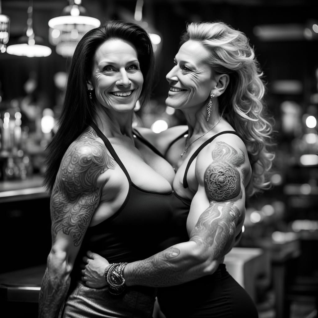 Female Bodybuilders Embrace in Nightclub Photo