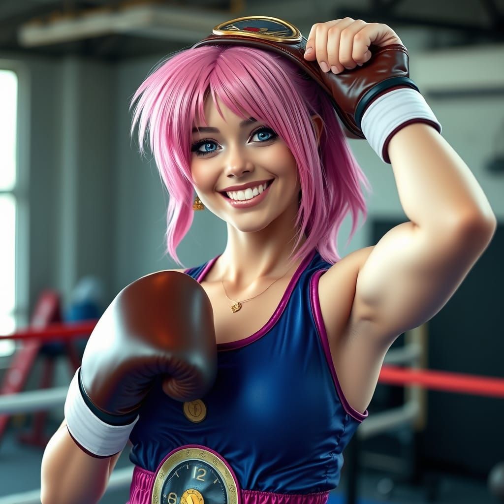 Victorious Pink Haired Boxer Holds Championship Belt
