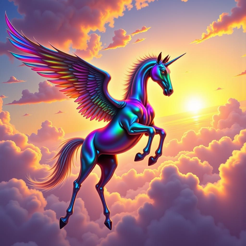Rainbow Pegasus Soaring Through Sunrise Sky