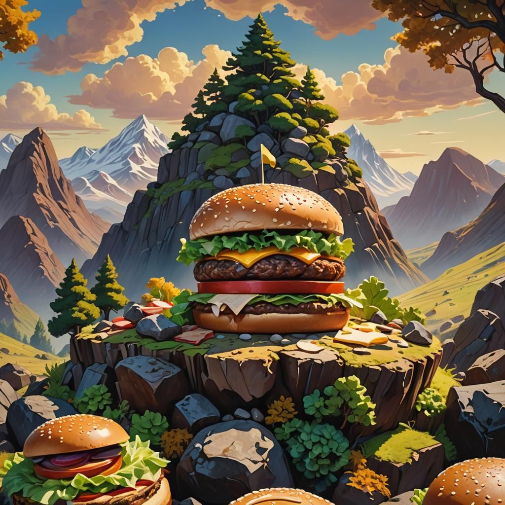 Colossal Burger Atop Mountain in Surreal Landscape