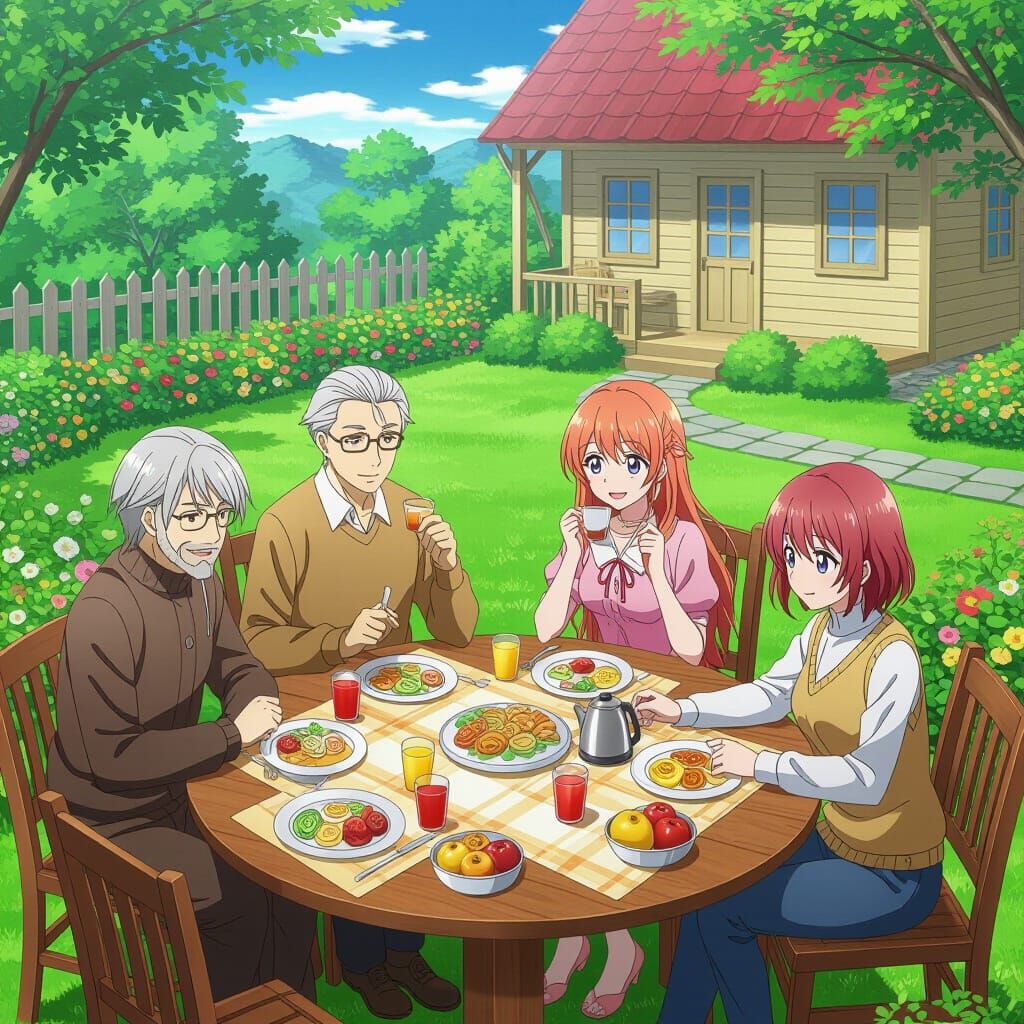 Whimsical Gathering: Friends Enjoy Outdoor Feast