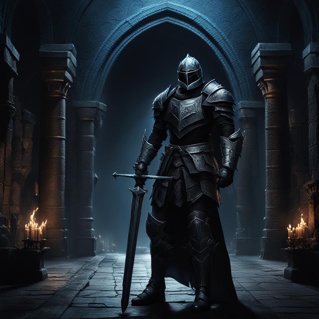 Rpg knight. Black armor, strong, arc, dark