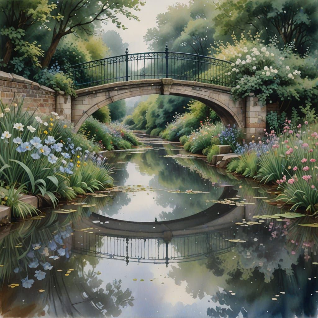 English Watercolour Bridge with Flowers in Soft Light