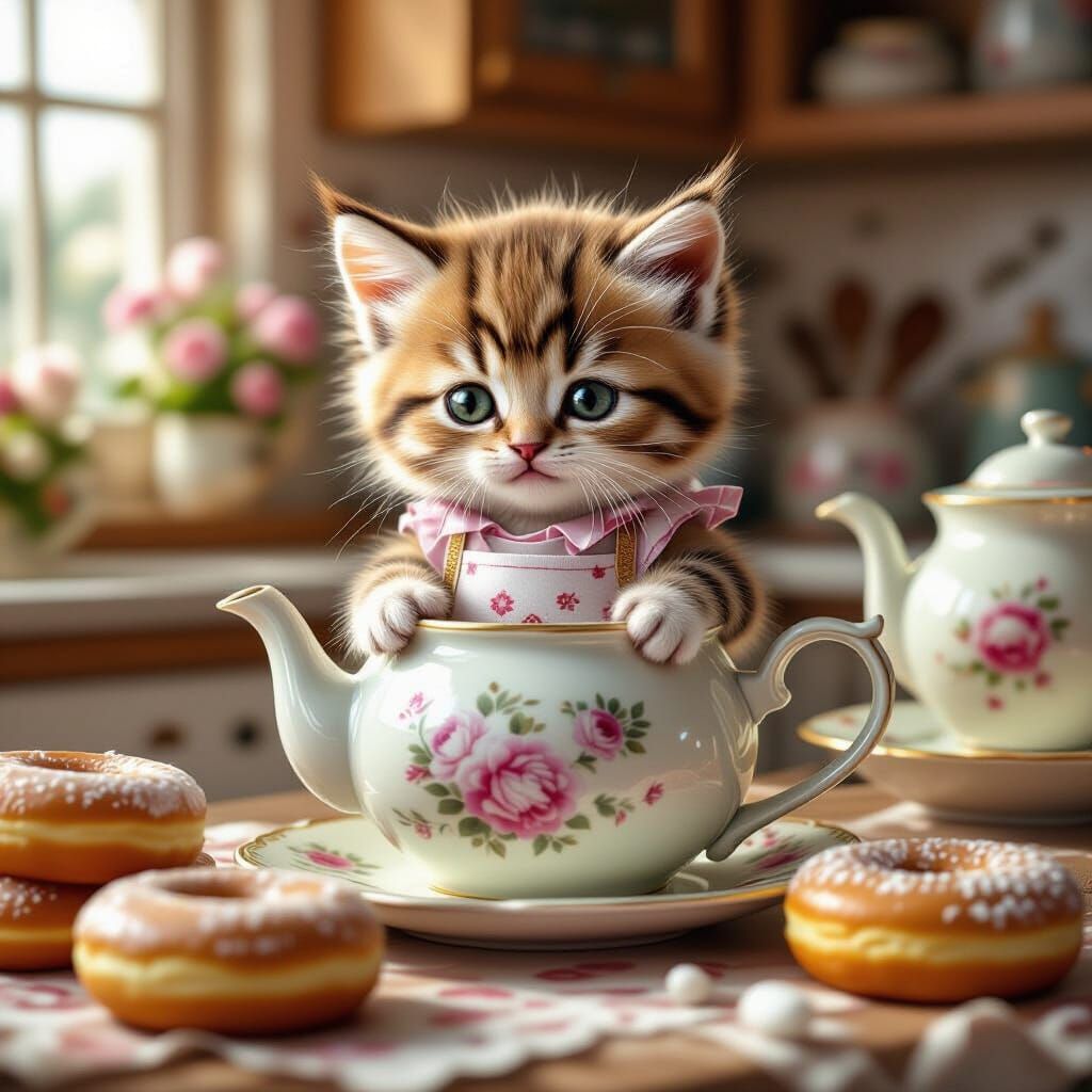 Kitten Judging Donuts in Teapot, Digital Art