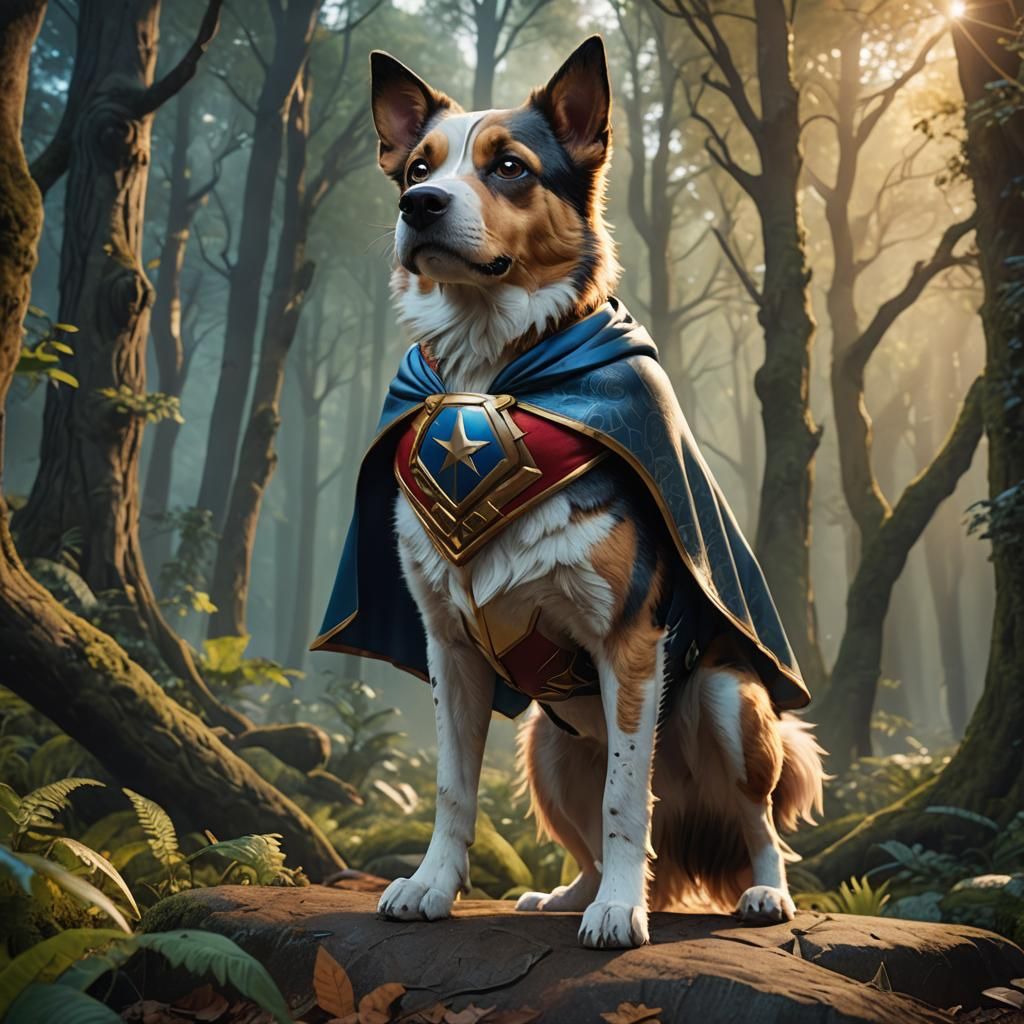 Epic Fantasy Hero Dog in Ancient Forest