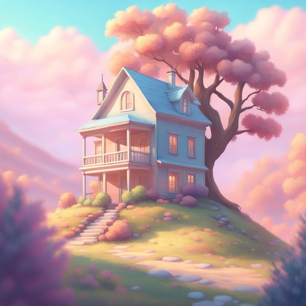Pastel Dream House in Fantasy Landscape