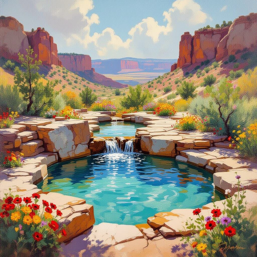 Utah Hot Springs: Desert Flowers in Oil Painting Style