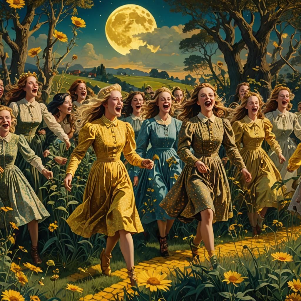 Maximalist Double Exposure: Women Marching at Moonrise