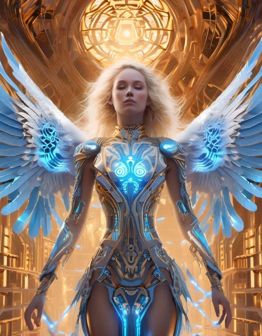 Futuristic Cyborg Angel in Sci-Fi Cloud City