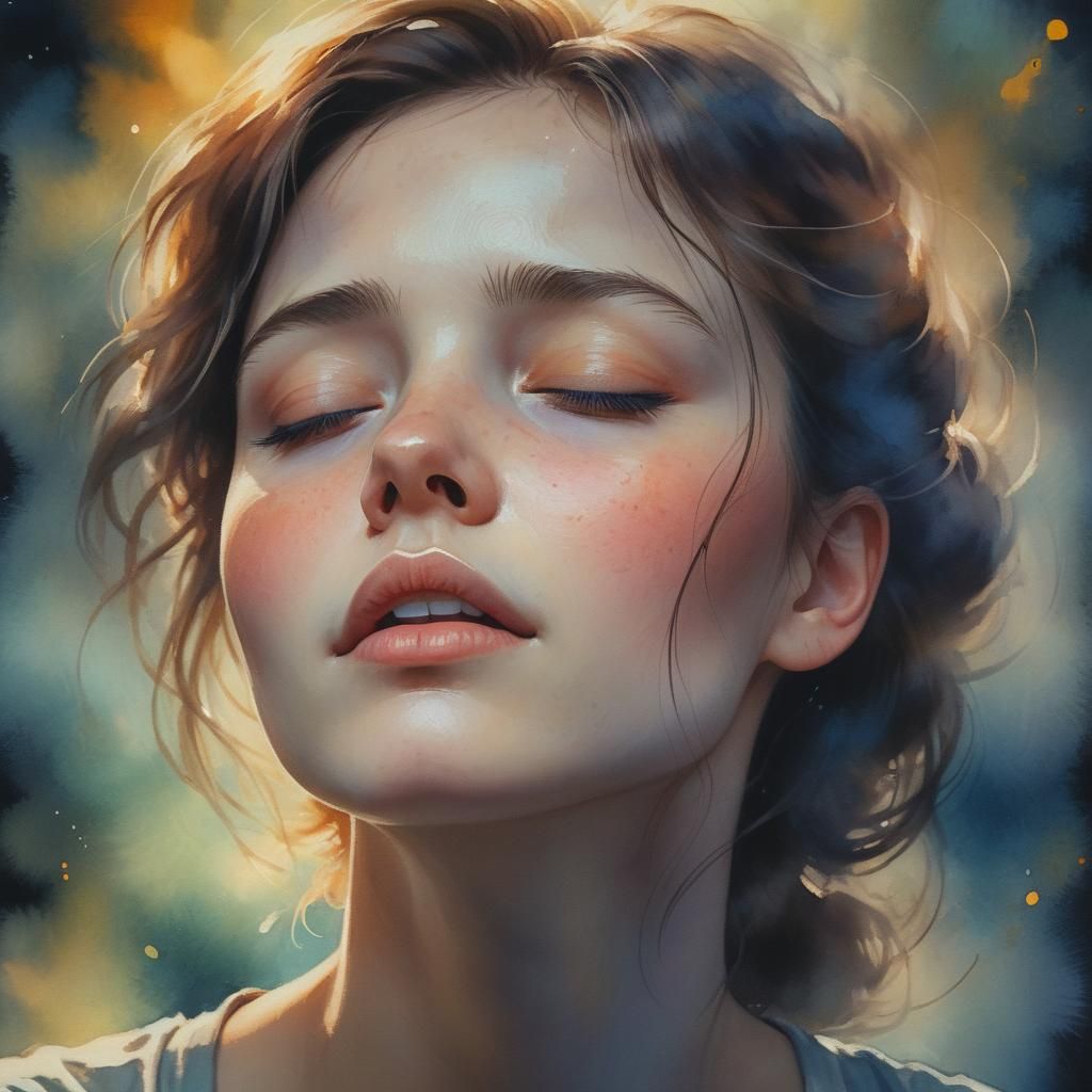 Ethereal Watercolor Portrait of Person with Closed Eyes