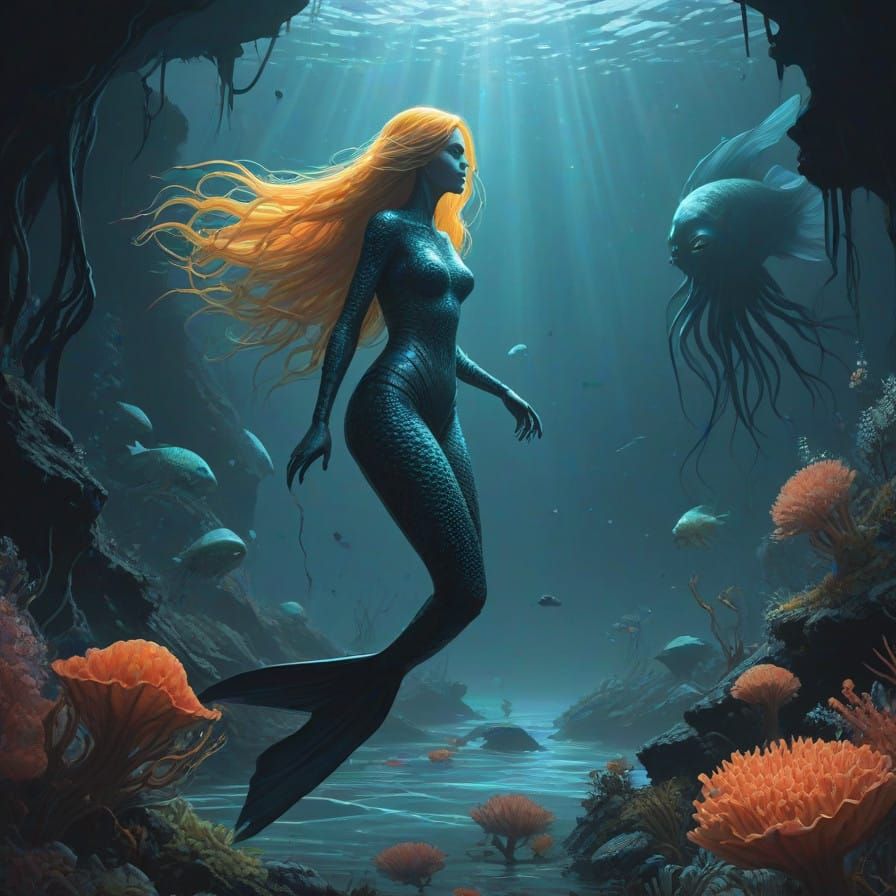 Mermaid in Turquoise Tail Flees from Sea Monster in Dark Blu...
