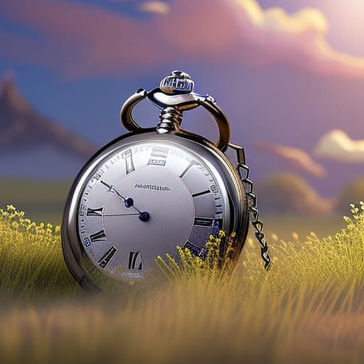Silver Pocket Watch in Summer Field, Ghibli Style