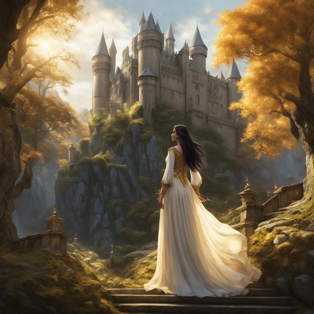 Regal Elven Princess in Majestic Castle Garden