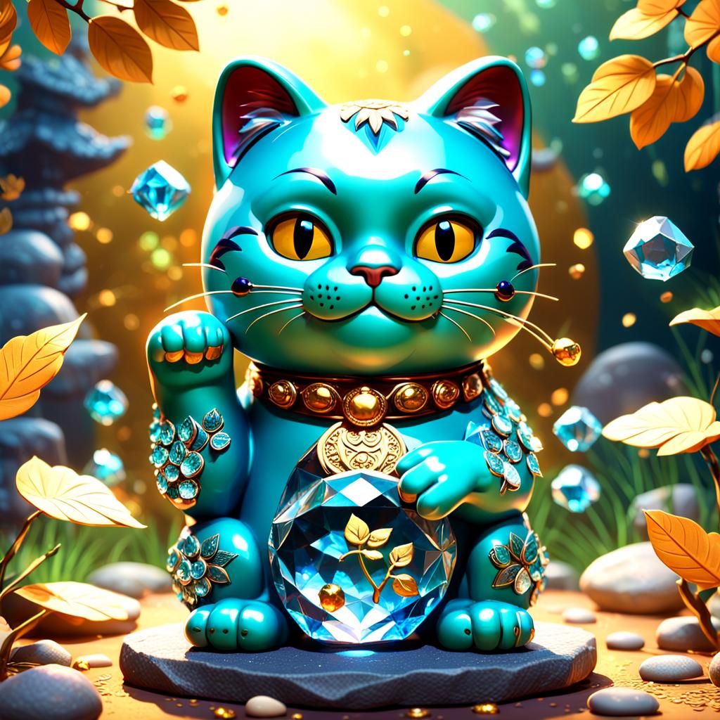 Lucky Crystal Cat with Clover in 3D Style