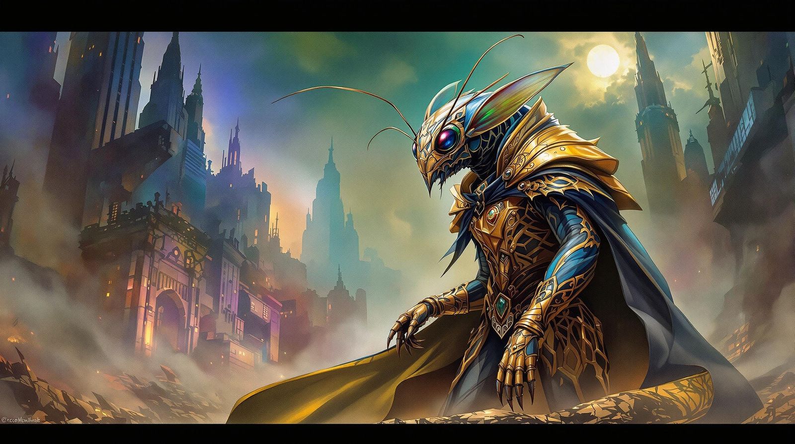 Elegant Flea Commando in Victorian Costume, Ruined Cityscape