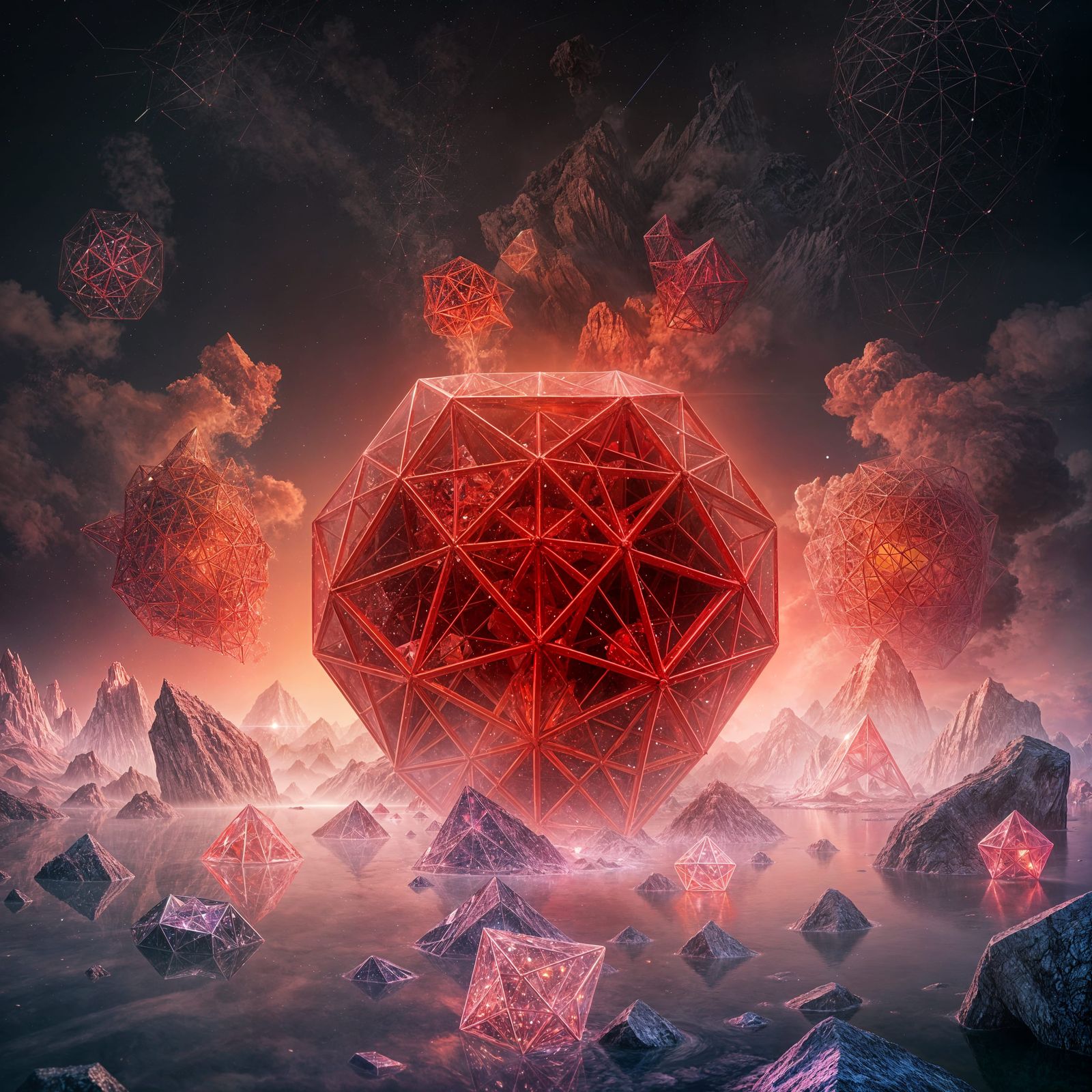 Glowing Red Octahedron Emerges from Crystal Lake