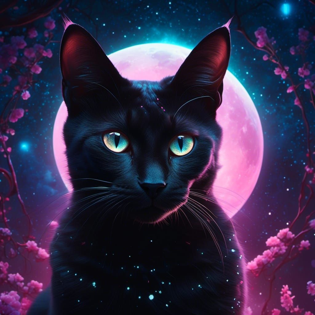 Moonlit Portrait of Bastet with Detailed Moon