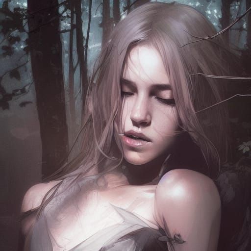 Woman Running in Dark Forest: Detailed Concept Art