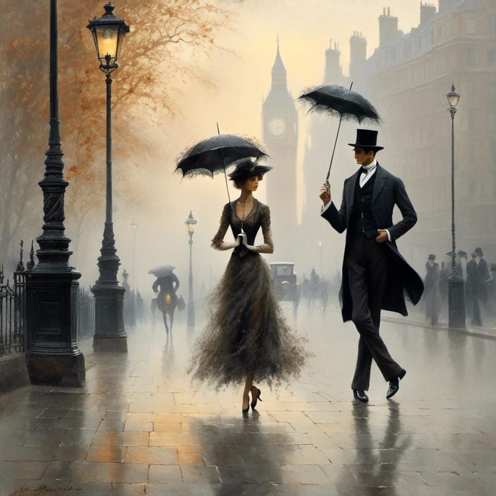 Romantic 1920s Couple Stroll Through Foggy London