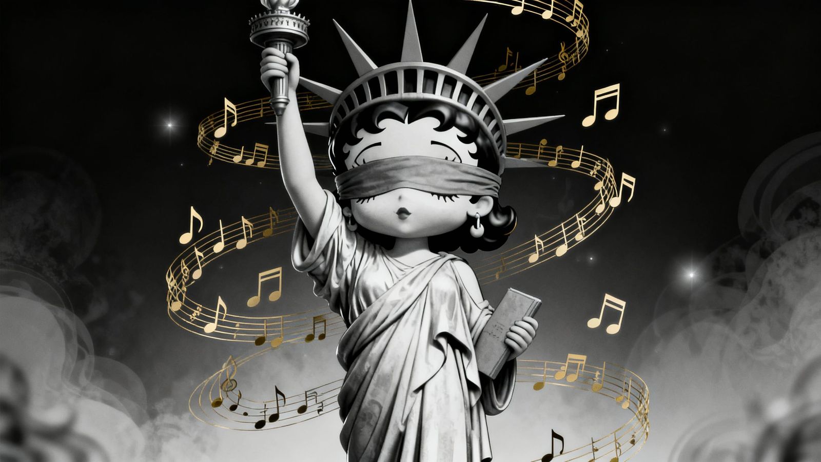 Grayscale Chibi Betty Boop as Lady Liberty in Pop Art Style