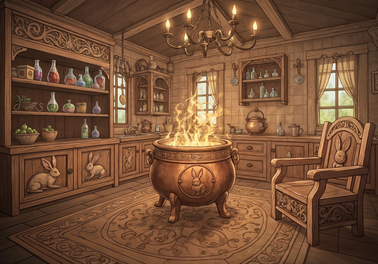 Rabbit Witch's Magical Home Interior With Floating Chairs