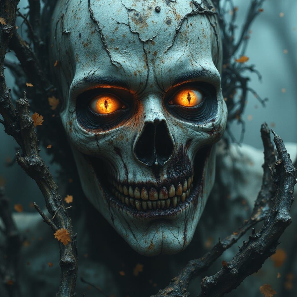 Eerie Zombie Face in Misty Woods, Hyperrealistic Style