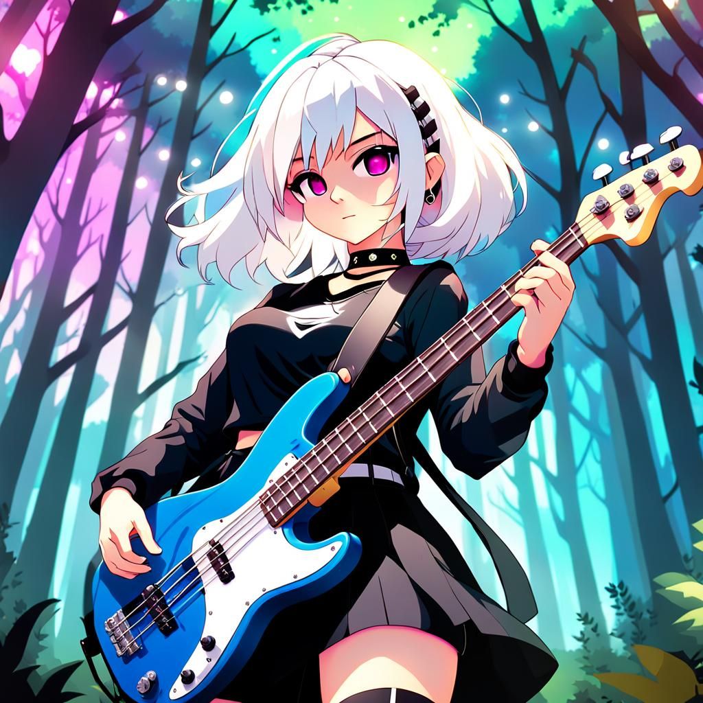 Anime Girl Playing Bass Guitar in Forest