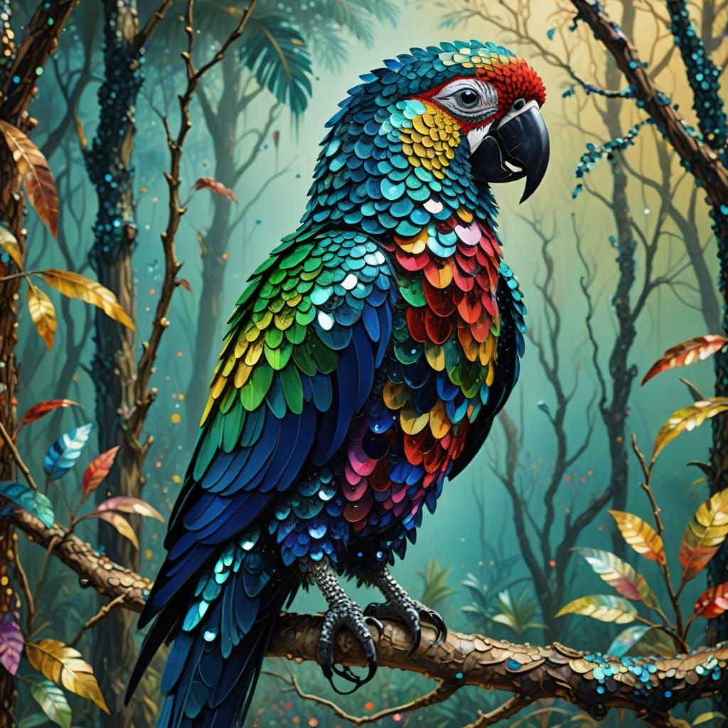 Sequin Parrot in Surrealist Style